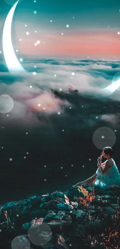 Woman in white dress under crescent moons in a dreamy night sky.