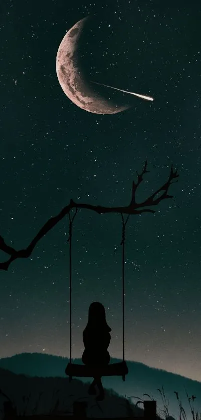 Silhouette on swing under starry night with crescent moon and shooting star.