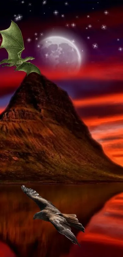 Fantasy wallpaper with a dragon, eagle, and dramatic night sky.