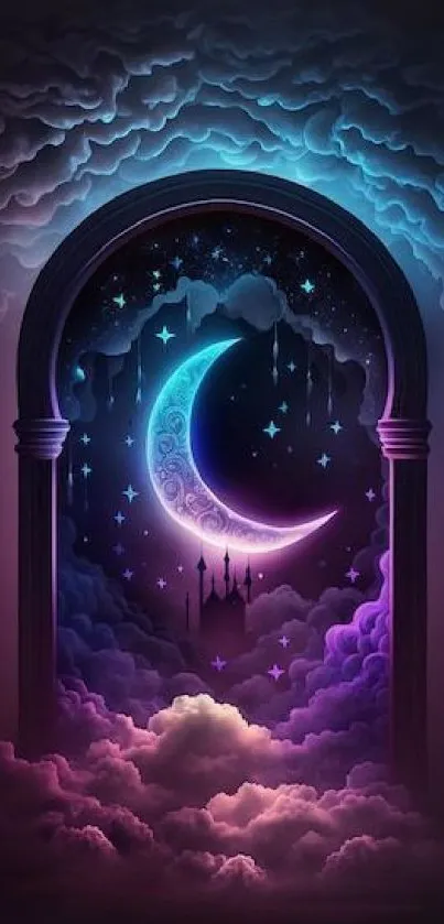Mystical crescent moon with clouds and stars in a night sky.
