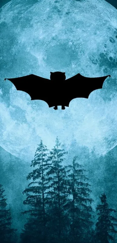 Bat flying in front of a full moon at night over a forest.