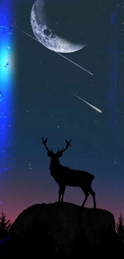 Night sky wallpaper with deer silhouette, stars, and crescent moon.