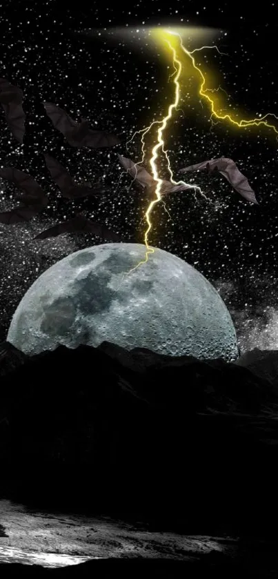 Mobile wallpaper of a moonlit night with bats, stars, and lightning.