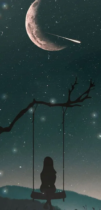 A serene night sky with moon and shooting star, featuring a swing silhouette.