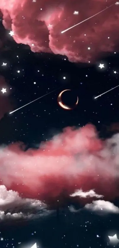 Mystical night sky wallpaper with pink clouds and a crescent moon.