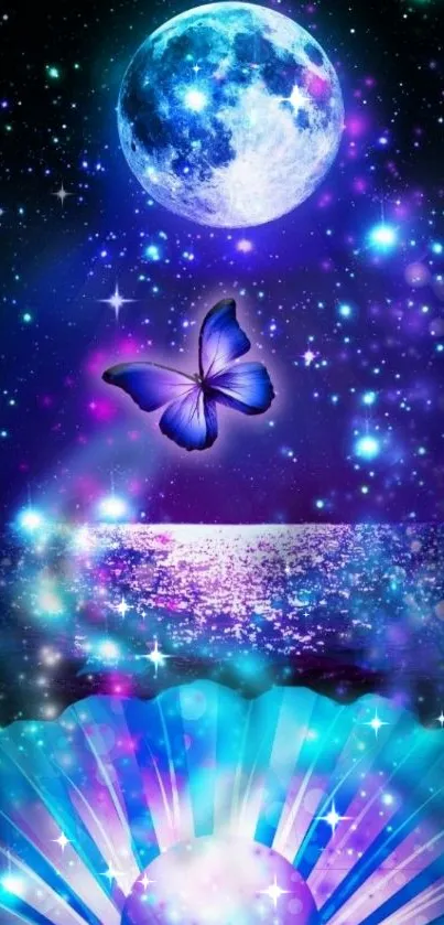 Mystical night wallpaper with moon, butterfly, and seashell in vibrant colors.