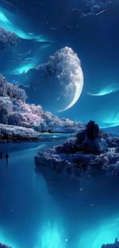 Mystical night scene with auroras over icy waters and a glowing moon.