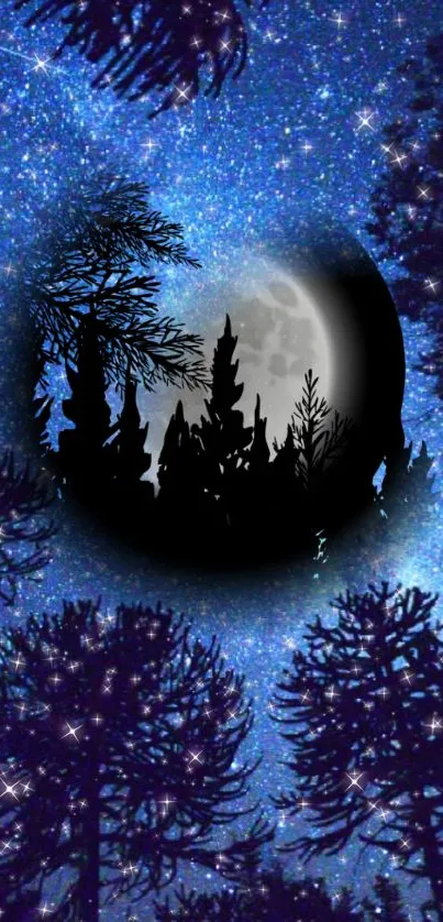 Enchanted forest silhouette under moonlit starry night sky in blue hues.