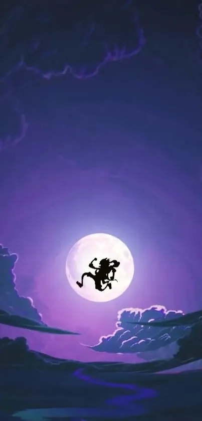 Silhouette leaping in front of a full moon in a purple night sky.