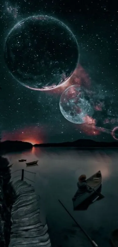 Fantasy night sky with planets, stars, and a lone boat on a calm lake.