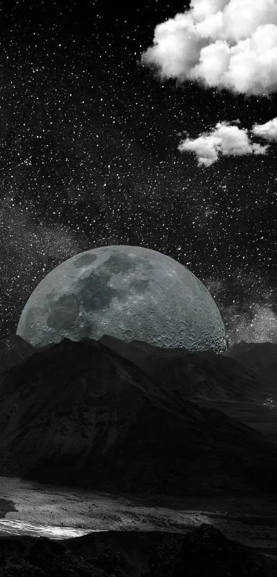 A mystical night sky wallpaper with a moonlit mountain landscape and cosmic sky.