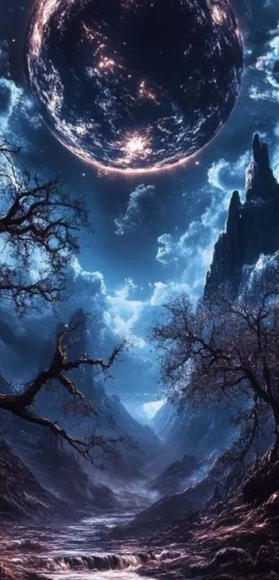 Mystical landscape under a cosmic night sky with glowing moon and mountains.