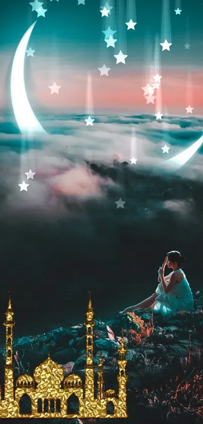 Woman sits under two crescent moons with stars and a golden mosque.