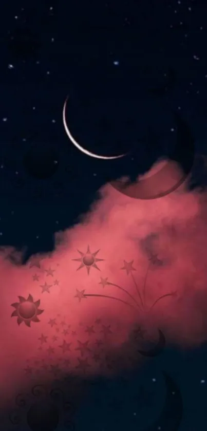 Mystical night sky wallpaper with crescent moon and pink cloud.