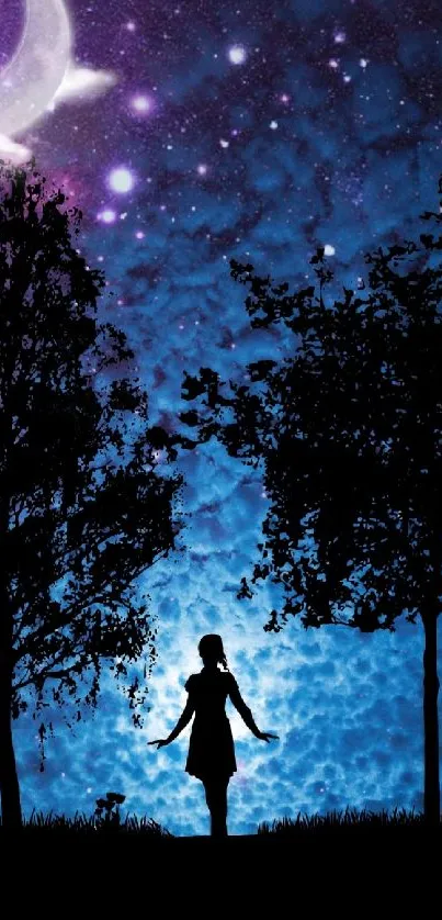 Silhouette under a moonlit indigo sky with stars and trees in the foreground.