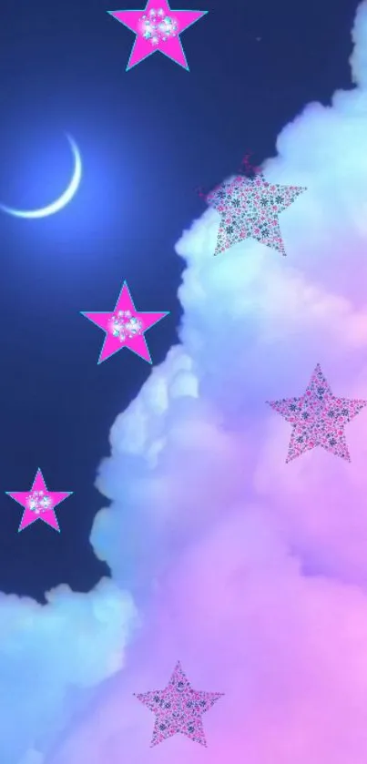 Night sky wallpaper with pink stars and crescent moon over fluffy clouds.