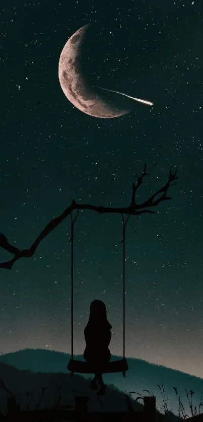 Mystical night sky with crescent moon and swing silhouette.