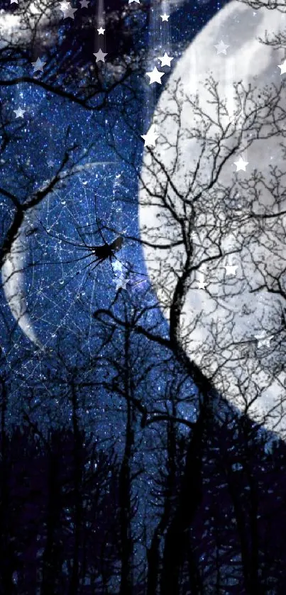 Mystical night sky with trees and glowing moon wallpaper.