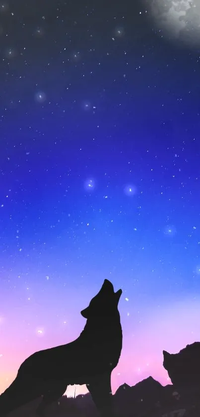 Silhouette of a wolf howling under a starry night sky with a glowing moon.