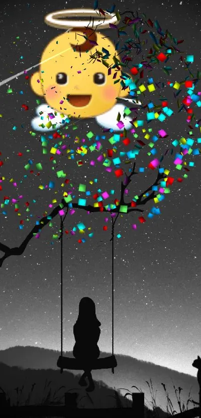 Night sky wallpaper with swing silhouette and baby angel emoji.