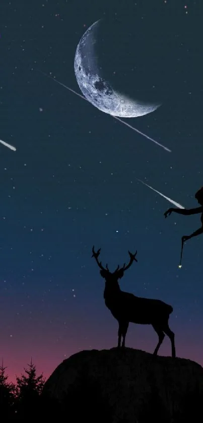 Mystical night sky with a fairy and deer silhouette under the moon.