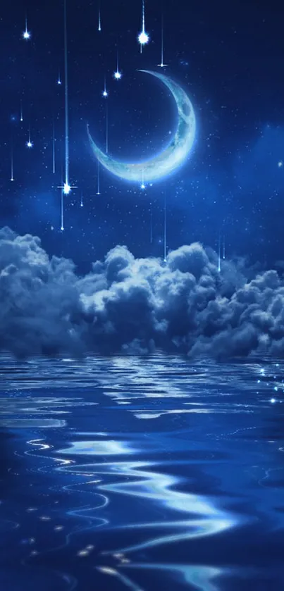 Mystical night sky with crescent moon reflecting on a tranquil ocean.