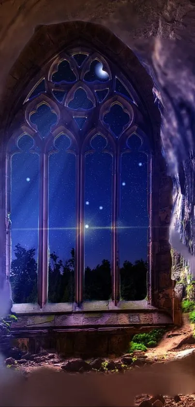 Mystical stone window with a starry night sky scene.