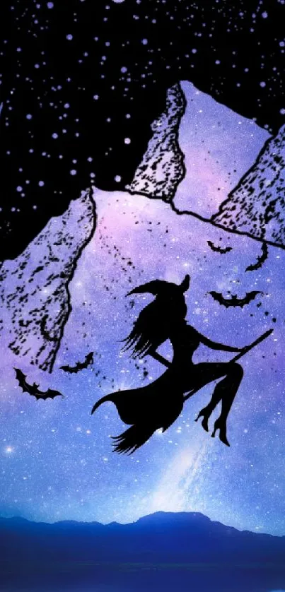 Silhouette of witch flying over starry mountains at night.