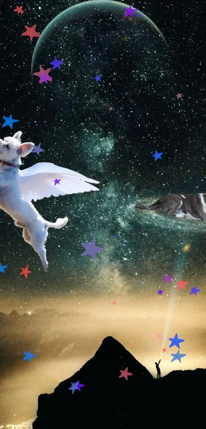 Flying puppy and dog in spaceship under starry night sky.