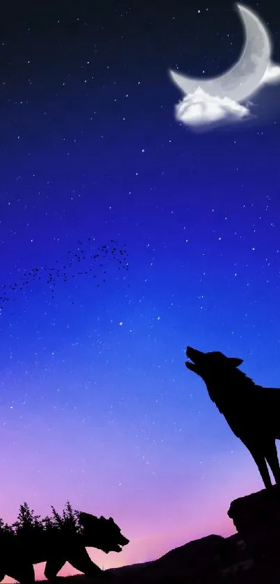 Silhouette of a wolf and bear under a moonlit starry sky.