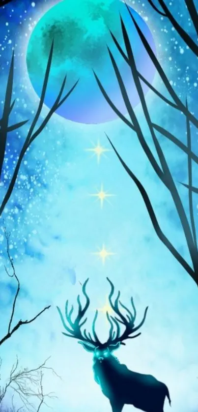 Mystical stag under a blue moon with stars in a forest setting.