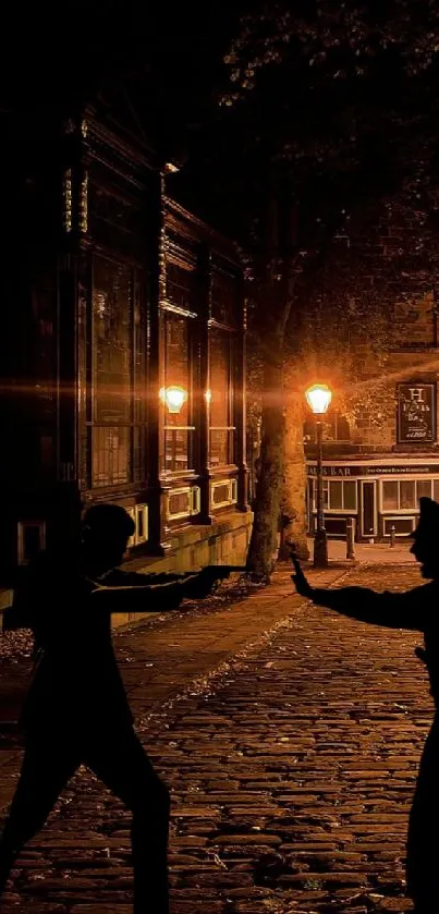 Silhouettes in a dimly lit urban street at night with warm, glowing lights.