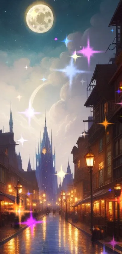 A magical night scene with glowing streets and a luminous moon overhead.