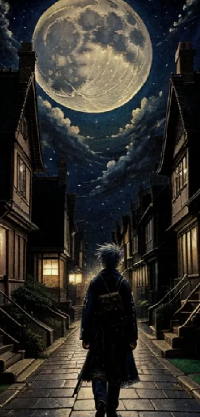 An enchanting night street with a full moon and stars, perfect mobile wallpaper.