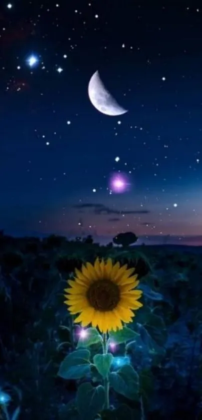 A sunflower glowing under a starry night sky with a crescent moon.