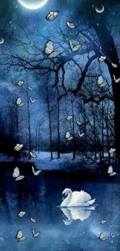 Serene swan on moonlit lake with butterflies and trees.