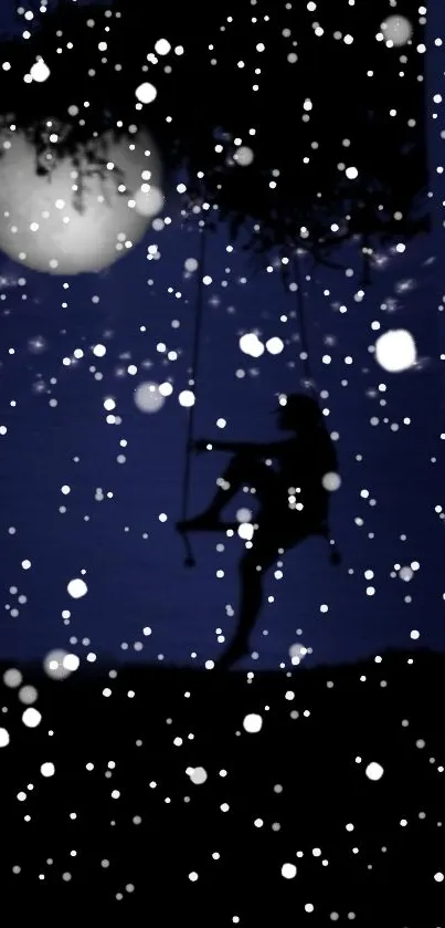 Silhouette on a swing in moonlit snowy night.