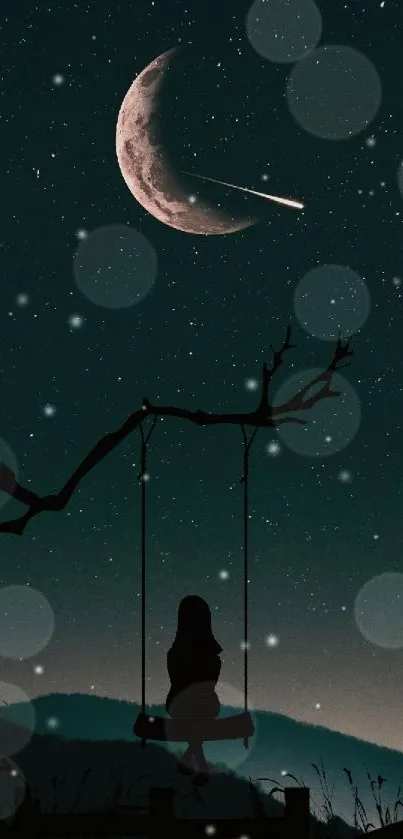 Silhouette on swing with crescent moon and stars in background.