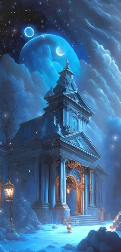 Mystical night temple with celestial sky, blue hues.