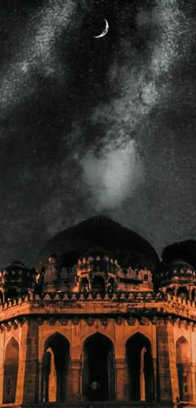 Mystical temple under moonlit night sky.