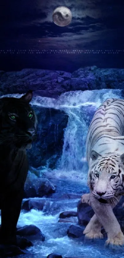 Black and white tigers by a waterfall at night with a full moon above.