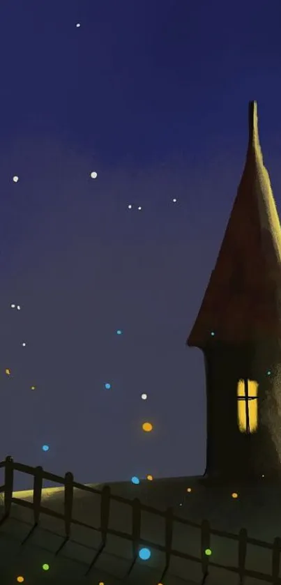 Mystical night scene with a tower and stars on a mobile wallpaper.