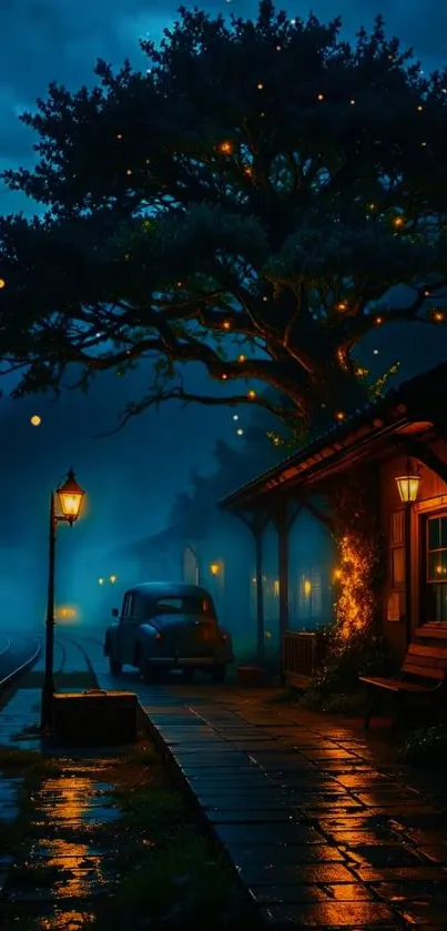 Mystical night train station with lanterns and a tree.