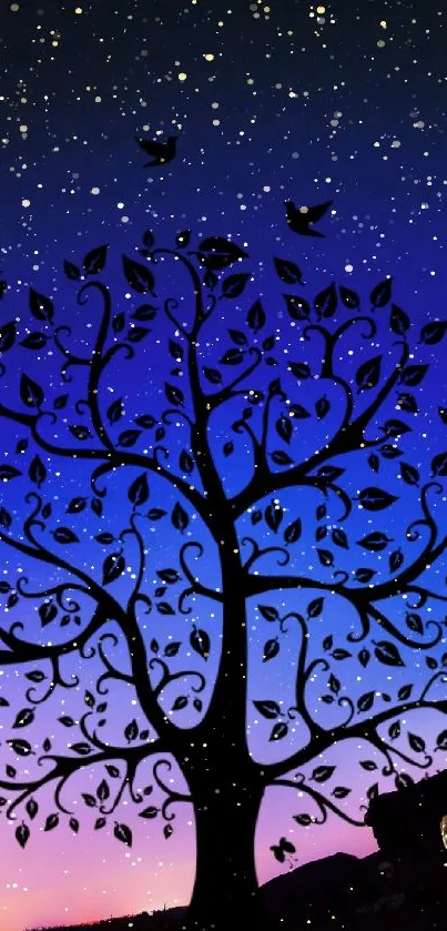 Silhouette of a tree against a starry night sky with butterfly detail.