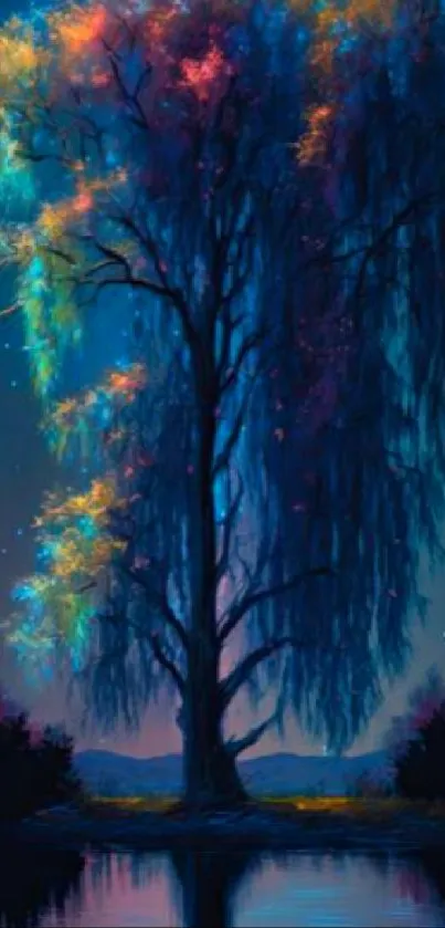 Mystical night tree with colorful leaves reflecting over a lake.