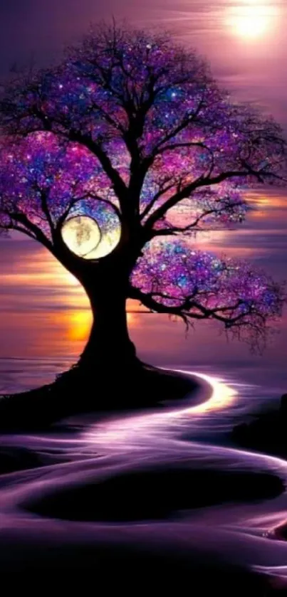 A mystical tree under a purple night sky with a glowing moon.