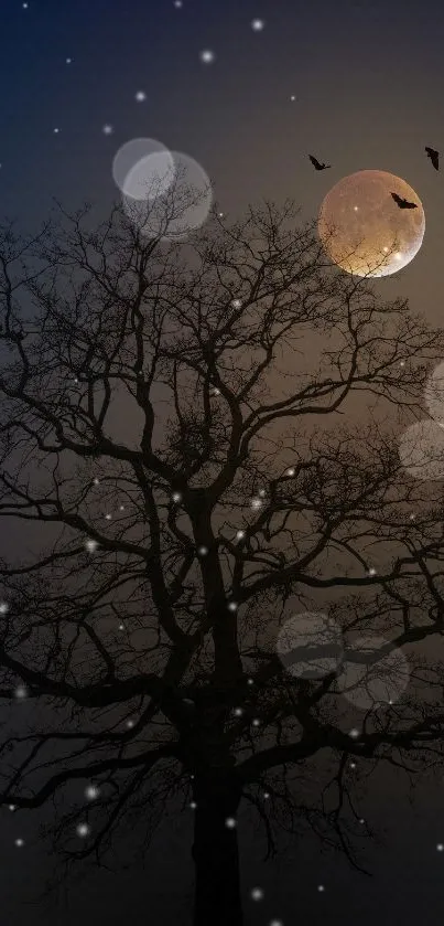 Silhouetted tree against a moonlit night sky with birds.