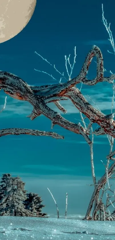 Mystical tree under teal night sky with moon.