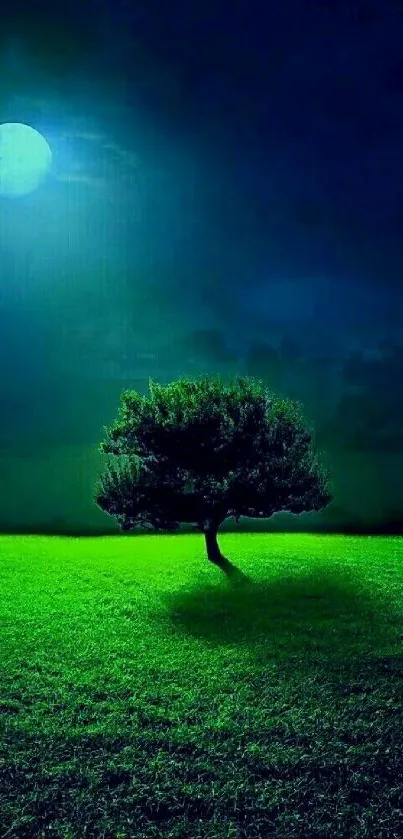 Lone tree under moonlit night sky, surrounded by green field.