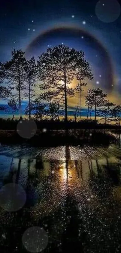 Mystical trees silhouetted against a vibrant night sky with reflections.